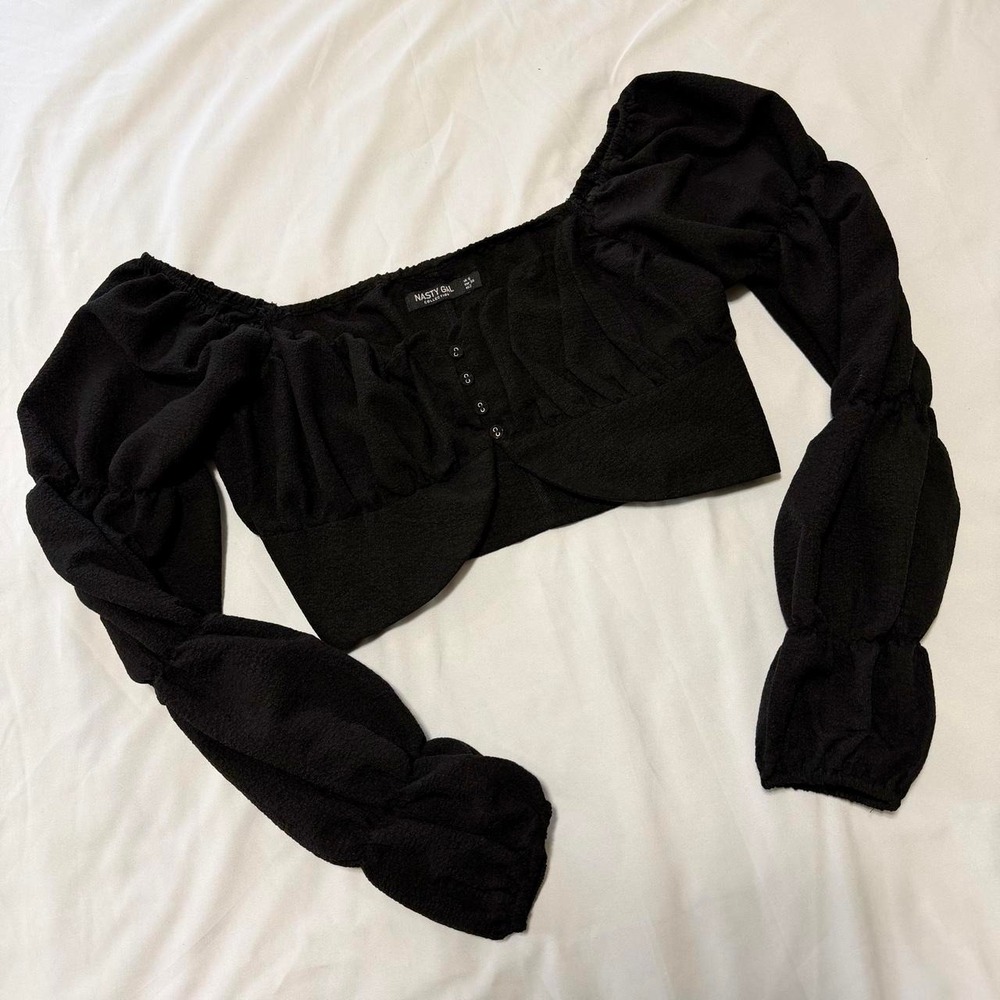 Nasty Gal Black Corset Puff Sleeve Cropped Blouse Sweetheart Top Size 2